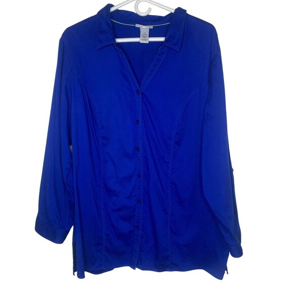 Catherens Button Down Tunic Top Womens 2x Royal Blue Roll Tab Sleeve 22/24W Stre - Picture 1 of 11